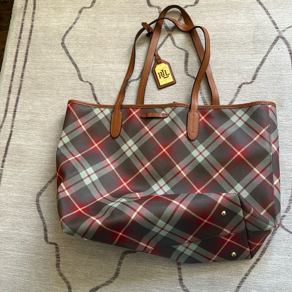 Ralph Lauren shoulder bag red brown and cream plaid with gold accessories - Picture 1 of 9